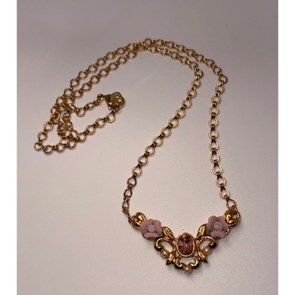 Avon Pink Porcelain Flower Necklace with Pink Transparent Cabochon & Faux Pearl - Picture 3 of 7